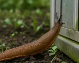 Brązowy ślimak bezskorupowy, zwany też snakolem, wspina się po zielonej, omszałej powierzchni.
