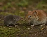Mała szara ryjówka i ruda nornica patrzą na siebie.