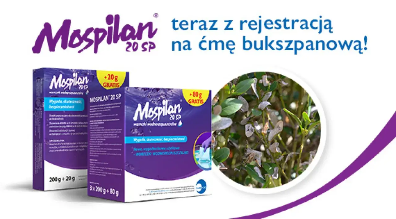Mospilan na ćmę bukszpanową. Skuteczna ochrona roślin przed szkodnikami. Opakowania z produktem Mospilan 20 SP.