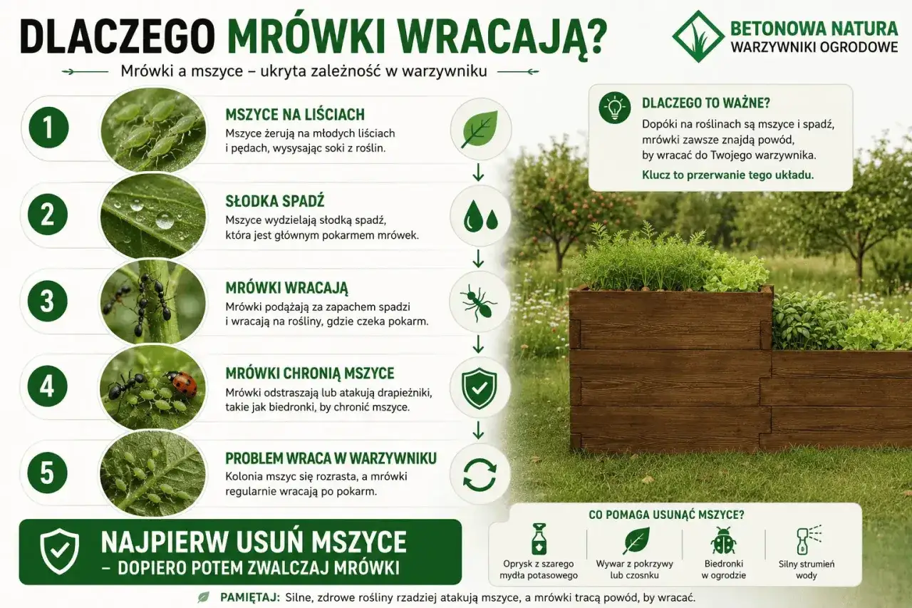 Grafika wyjaśnia, co na mszyce w ogrodzie. Mszyce wydzielają spadź, którą jedzą mrówki, a te chronią mszyce.