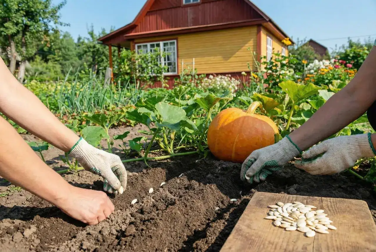 Ręce w rękawiczkach sadzą pestki dyni do ziemi. Obok leży duża dynia i deska z pestkami. Oto jak przygotować pestki dyni do sadzenia.