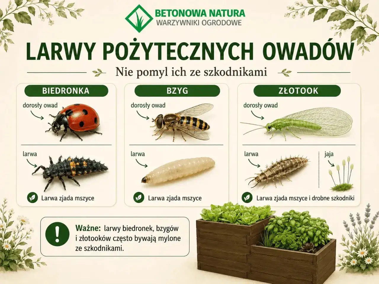Larwy biedronki, bzyga i złotooka zjadają mszyce. Nie myl ich ze szkodnikami!