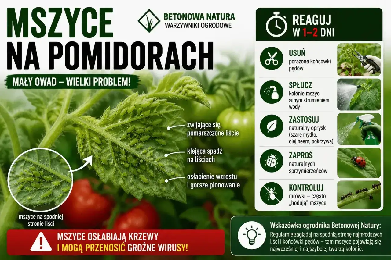 Mszyce na liściach pomidorów, powodujące zwijanie się i lepkość. Małe zielone owady żerują na spodniej stronie liści, osłabiając rośliny.
