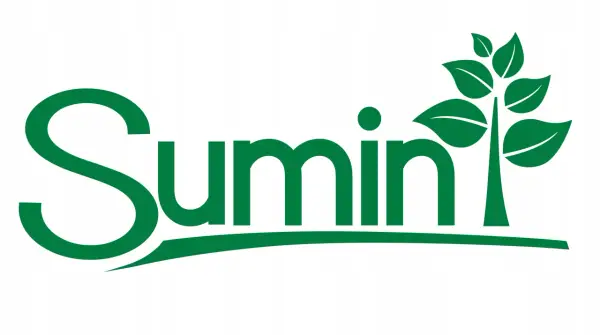 Zielony napis "Sumin" z listkami symbolizującymi wzrost, idealny do opisu produktów do ochrony roślin.