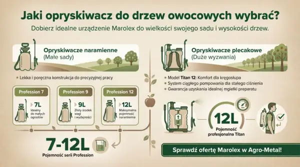 Uniwersalny środek do oprysku drzew owocowych Marolex. Porównanie opryskiwaczy naramiennych i plecakowych.